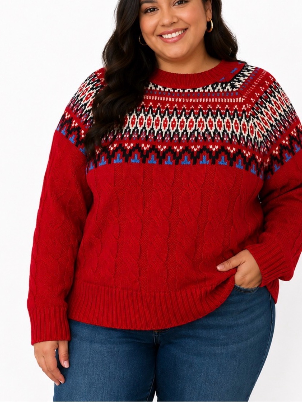 Mountain & Isles Red Fair Isle Cable-Knit Sweater SZ XL Holiday yoke pattern